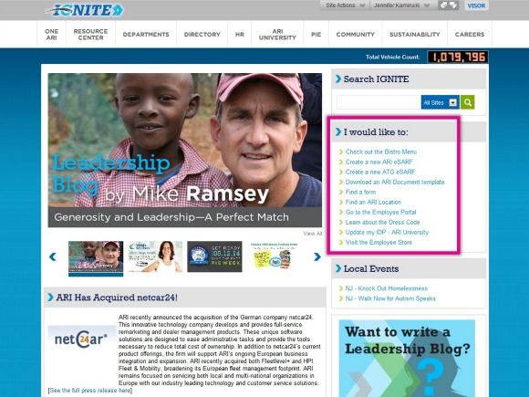 ARI intranet homepage quick links screenshot